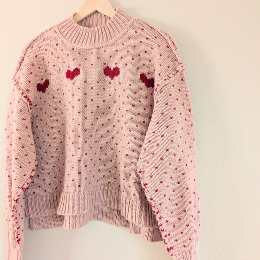 Women’s Pink Heart Knit Crewneck Sweater - Picture 3 of 16